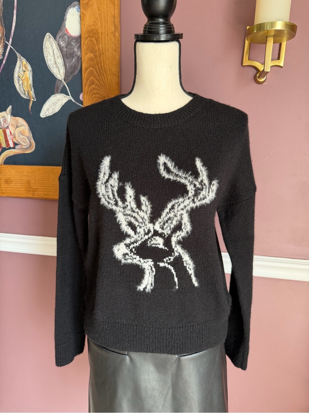 Anthropologie Xmas Black Knit Sweater with White Deer Detail Size XXS